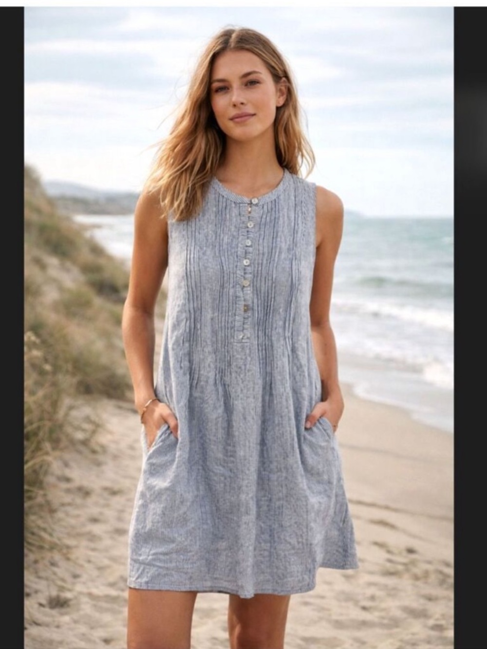 Faherty Light Blue Striped Sleeveless Mini Dress